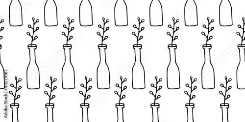 Seamless pattern with Flower in Vase with a narrow neck isolated on white. Vector illustration. Hand drawn simple element of interior. Willow Twig in a Vase. For greeting card, wrapping, book, textile