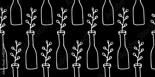 Seamless pattern with Flower in Vase with a narrow neck isolated on black. Vector illustration. Hand drawn simple element of interior. Willow Twig in a Vase. For greeting card, wrapping, book, textile