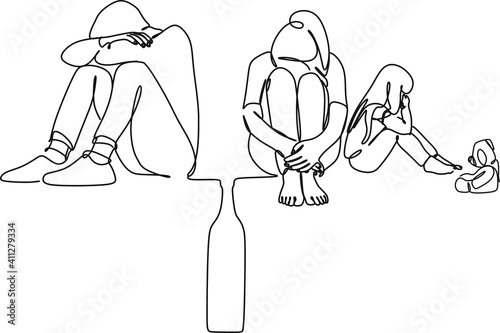 Alcohol and the family. Visualization of alcohol dependence. Family. The problem of alcoholism. A drunk man. A mother with a Child Away from a Drunken Father. The concept of a linear drawing