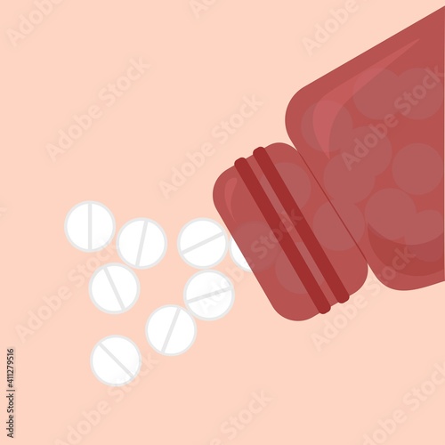 White medical pills and tablets in a bottle. Empty space for your text. Flat vector illustration.