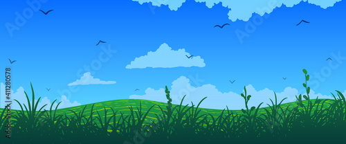 Spring cartoon landscape. green meadow grass with flowers.