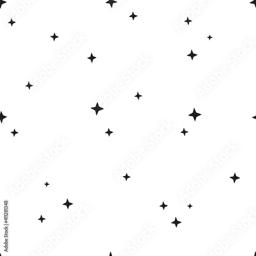 Star shapes seamless vector pattern. Simple starry black and white Scandinavian baby print. Night sky nursery design