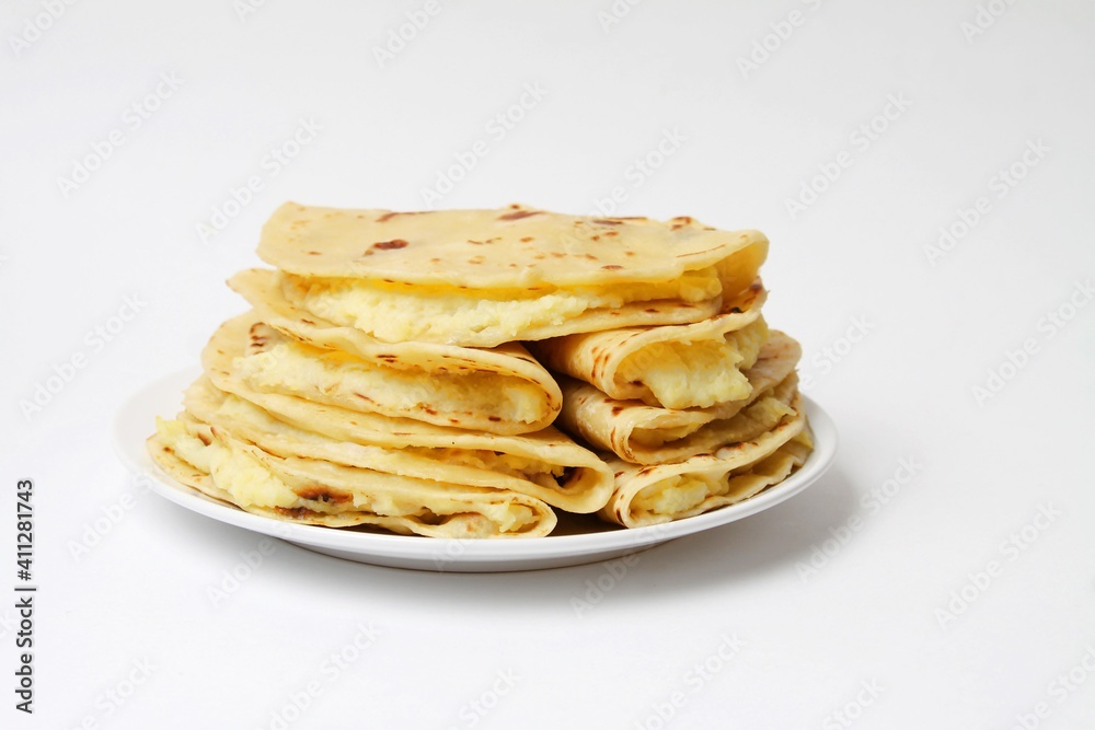 Traditional Tatar Food Kystybyi (Flat Bread With Mashed Potato) Isolated On White Background.