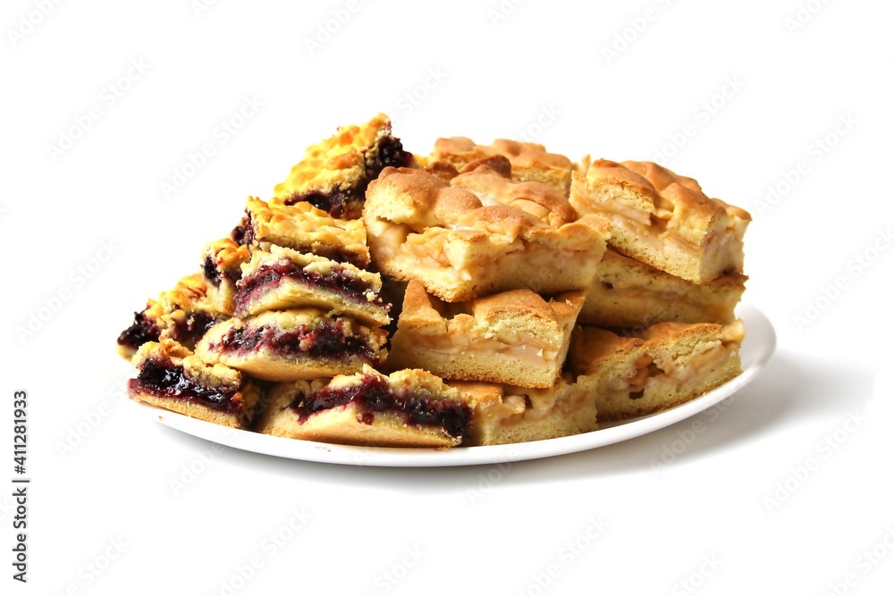 Traditional Tatar Food, Apple Pie And Black Currant Balish Isolated On White Background. Traditional Tatar Food, Apple Pie And Black Currant Balish Isolated On White Background.