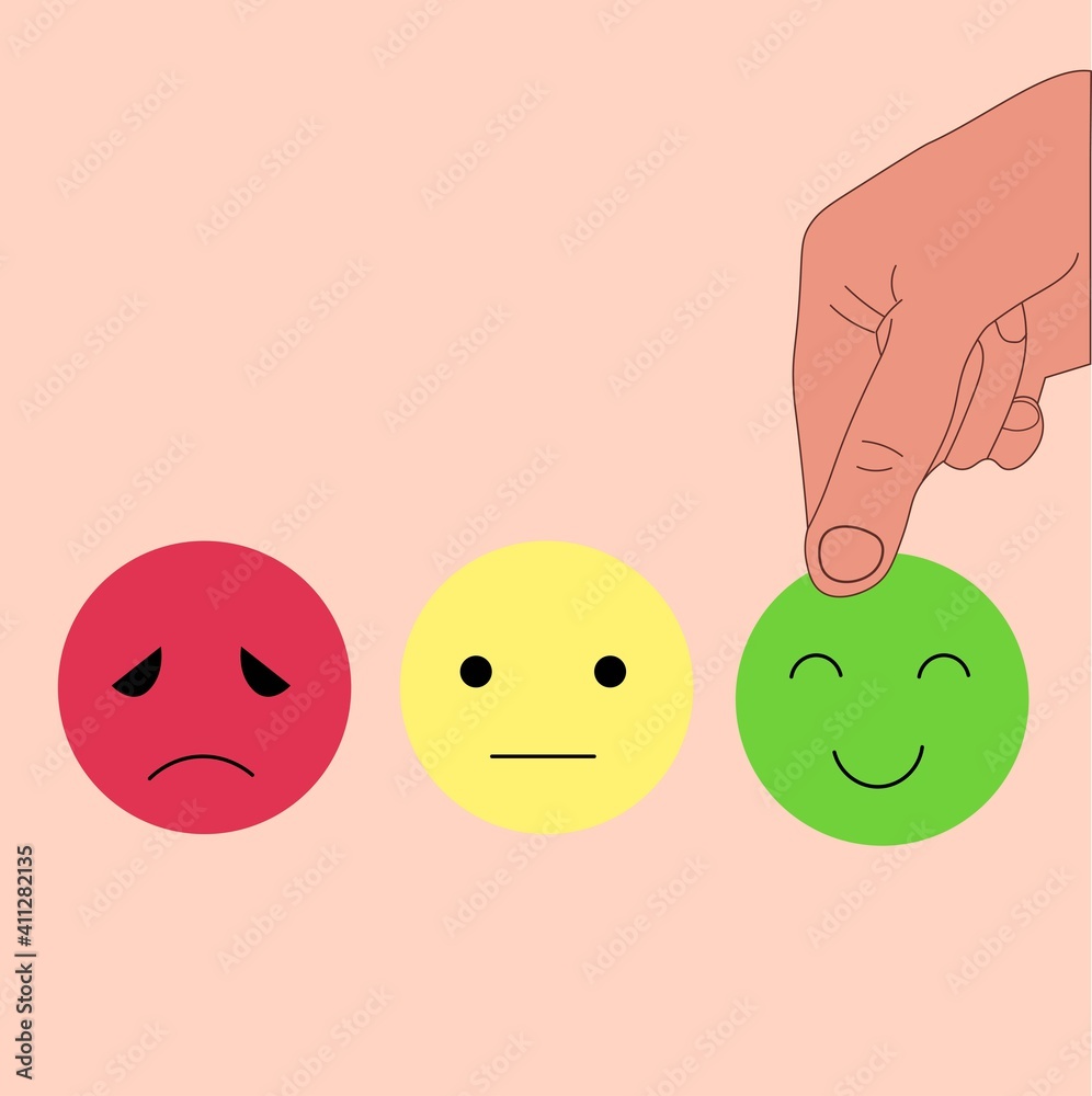 Hand choosing a mood. Happy smile face, icon. Mental health. Positive customer reviews, satisfaction.flat vector illustration Hand choosing a mood. Happy smile face, icon. Mental health. Positive customer reviews, satisfaction.flat vector illustration