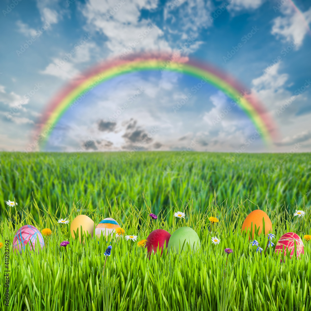 Fototapeta premium Easter holiday card with colorful eggs
