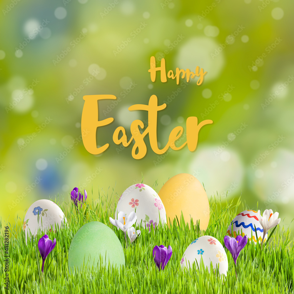 Easter card with eggs in grass