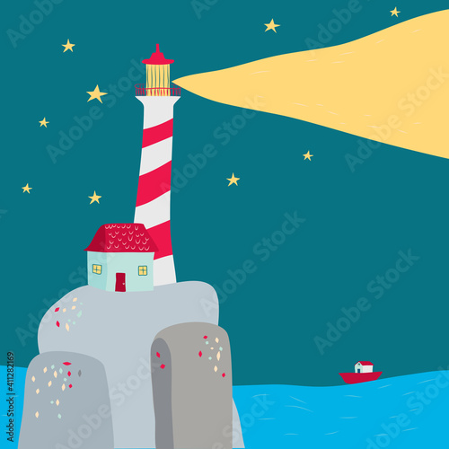 A cartoon style illustration of a lighthouse on the sea with a boat with a starry night