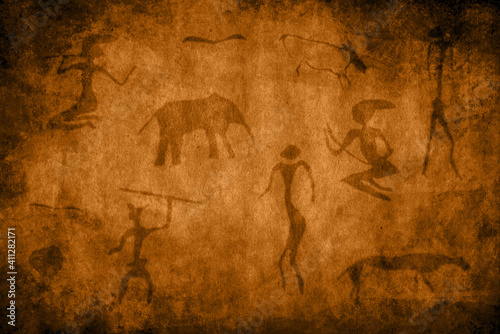 Cave Painting with animals and hunters