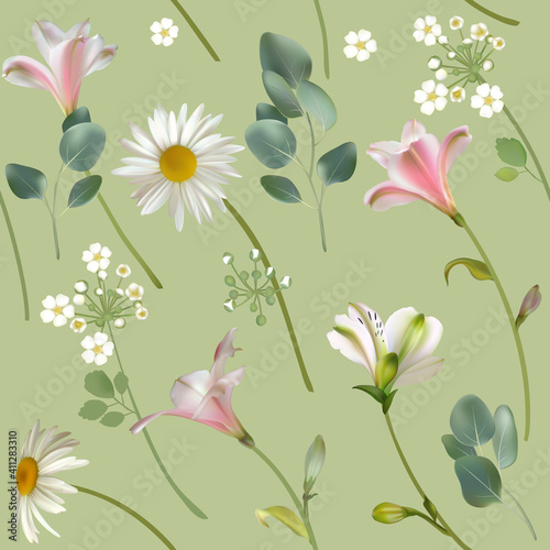 Flowers. Floral background. Chamomile. Lily. Seamless pattern. Eucalyptus leaves. Vector illustration. Wildflowers.