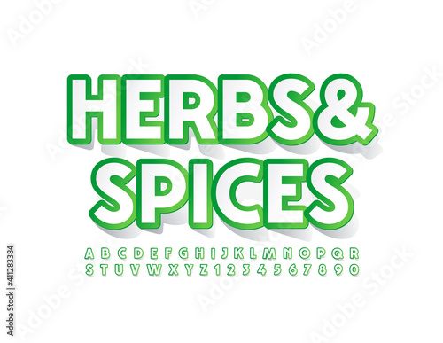 Vector modern emblem Herbs and Spices. Sticker style Font. Creative Alphabet Letters and Numbers set