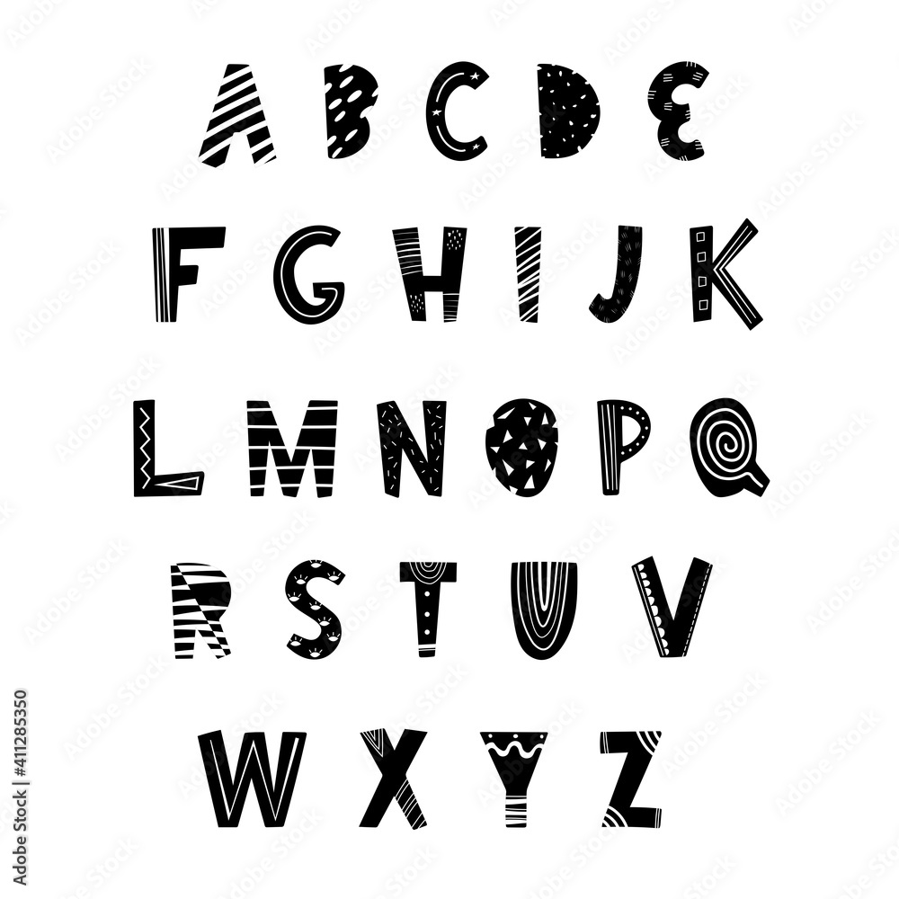 hand drawn alphabet in Scandinavian style, display font, hand lettering ...