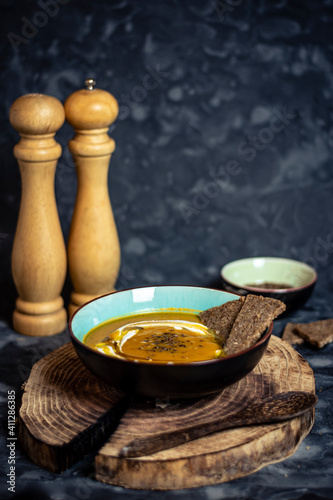 Natural vegan pumpkin soup with flax-seeds