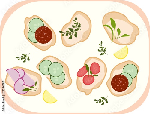 Mini sandwitches. Beautiful food flat vector illustration with tomatoes , salad and salami
Flat vector illustration