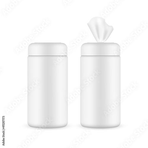 Wet Wipes Jar Mockup Isolated on White Background. Vector Illustration