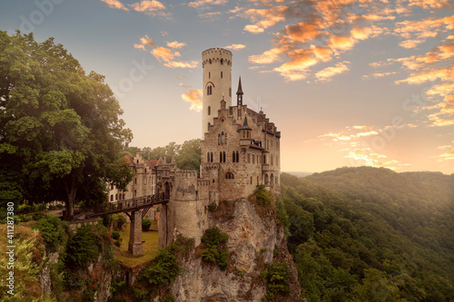 Εκτύπωση καμβά Romantic Lichtenstein Castle On The Rock In Black Forest, Germany at sunset