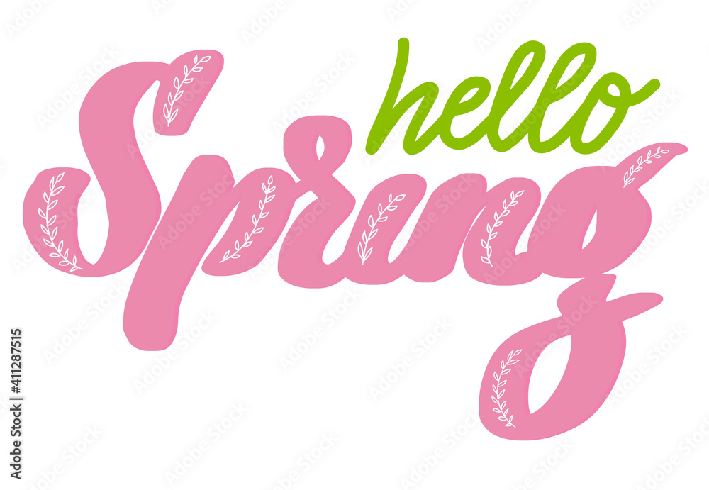 Hello Spring Brush lettering isolated. Handwritten vector Illustration. Modern brush calligraphy.
