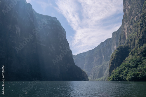 Landscape of mountains on a river. Sumidero Canyon in Chiapas, Mexico.