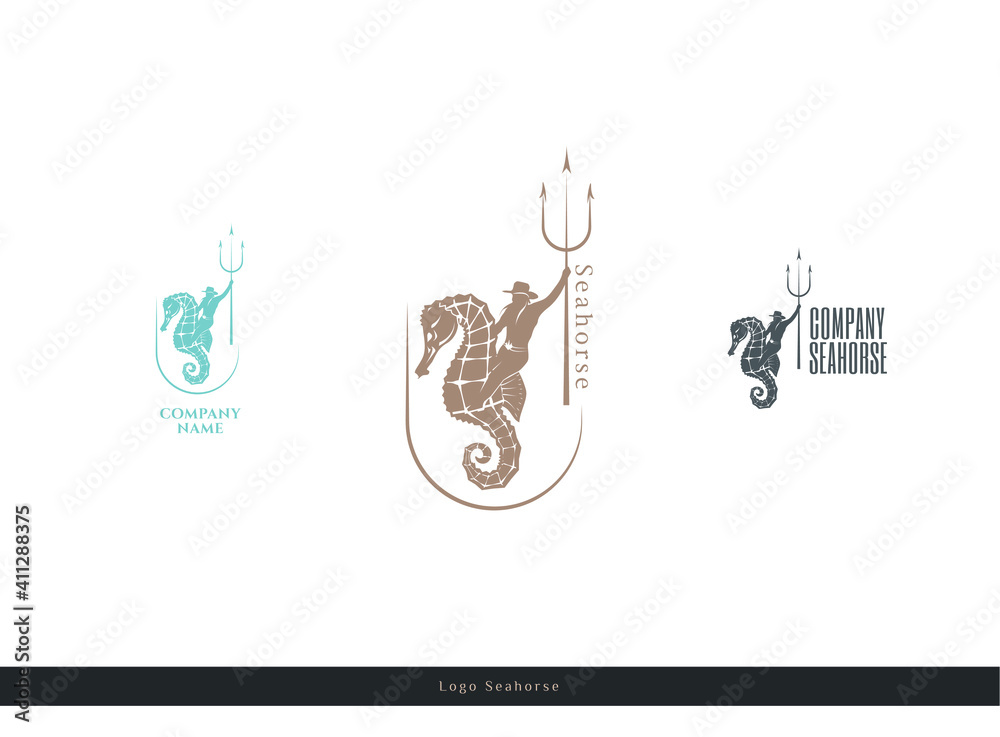 Logo neptune or poseidone on seahorse like a cowboy with trident. Isolated vintage marine logotype. - obrazy, fototapety, plakaty 