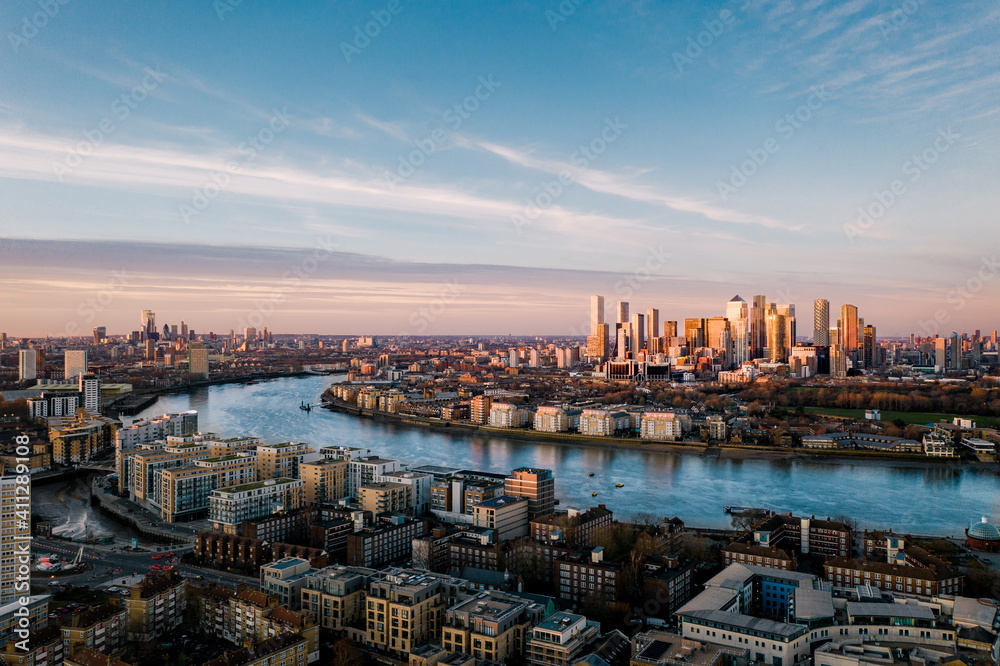 Aerial photography of London Canary Wharf and Isle of Dogs