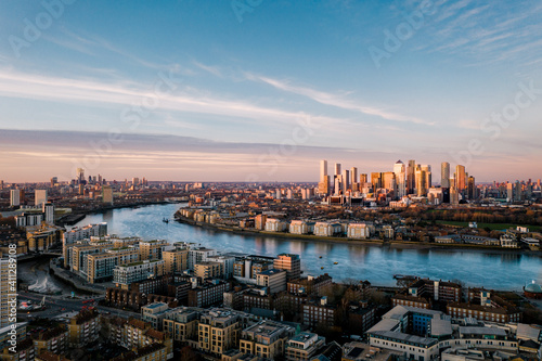 Aerial photography of London Canary Wharf and Isle of Dogs photo