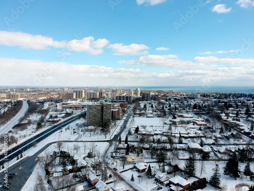 Photography Aerial bird eye view skyline at Winter season in Canada