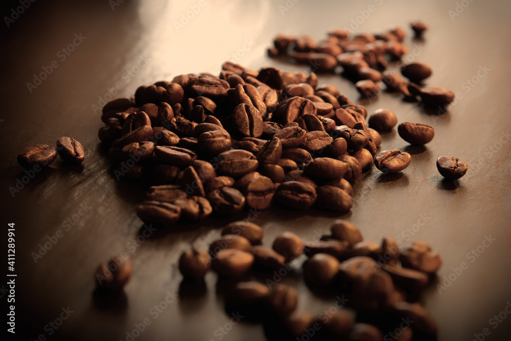Coffee as a close-up with selective focus, roasted beans