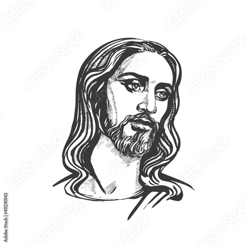 Jesus Christ, graphic portrait. Hand drawing. Vector