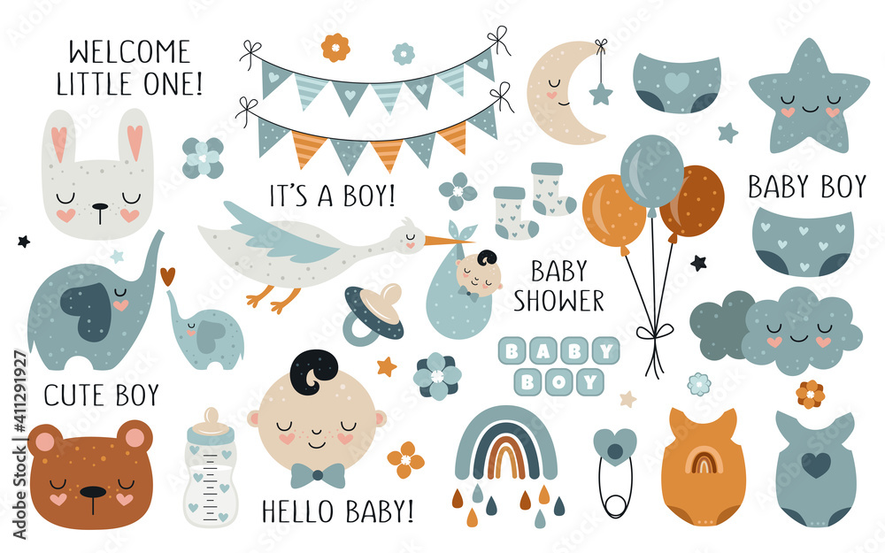 Vector hand drawn baby shower collection for boy with cute babies, moon, cloud, rainbow, star for nursery decoration.
