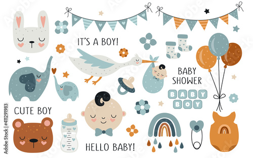Vector hand drawn baby shower collection for boy with cute babies, moon, cloud, rainbow, star for nursery decoration.