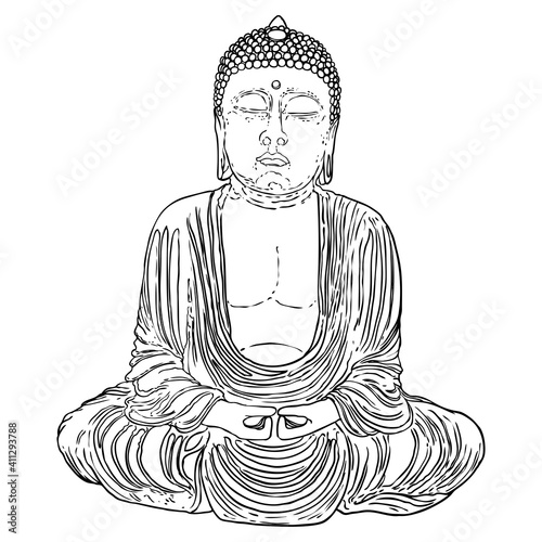 Buddha spiritual portrait. Bodhisattva. Gautama Buddha sitting in lotus pose and meditating. Indian spiritual teacher, Buddhism religious leader. Yoga zen club design. Vector.