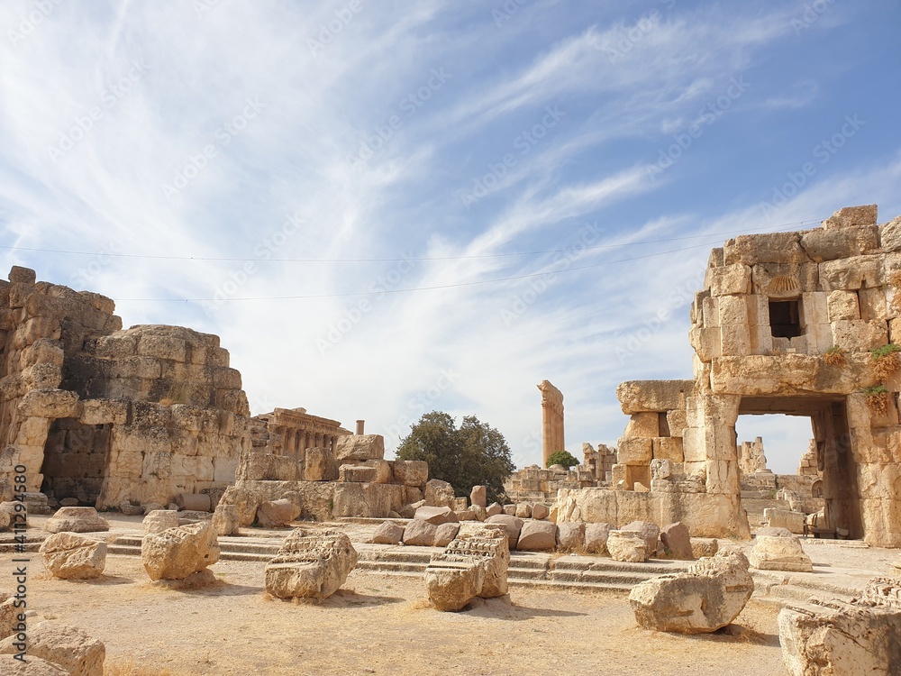 Baalbek, Lebanon - October 2020: Historic temple and monument in Baalback Bekaa area. A Phoenician city where a triad of deities was worshipped, was known as Heliopolis during the Hellenistic period.