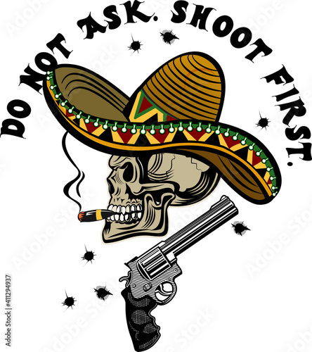 mexican skull with sombrero and gun