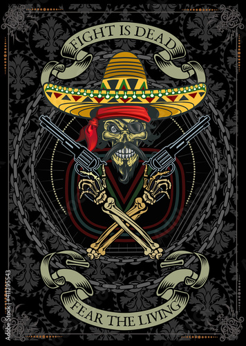 mexican skull with sombrero and gun