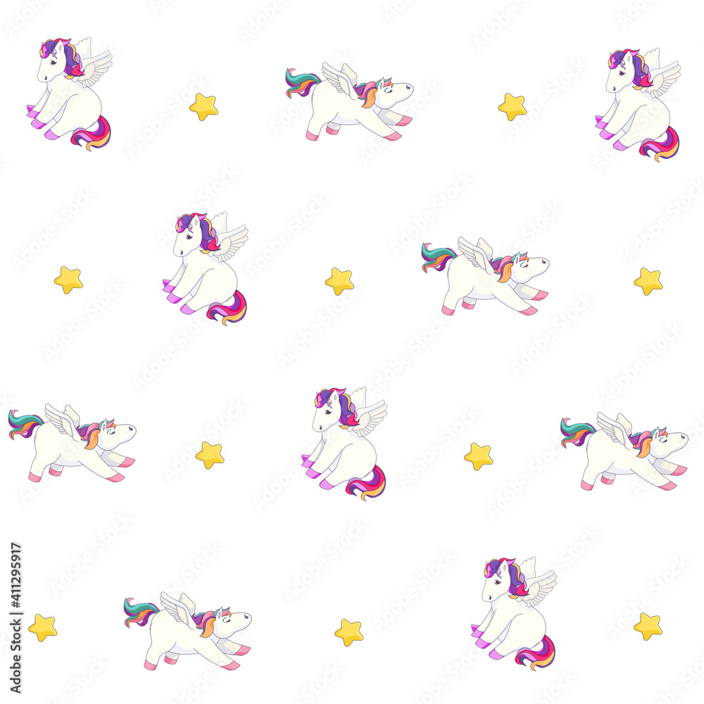 Pattern of Pegasus and Golden Stars on white isolated background, vector Pegasus in Cartoon style, isolated Flying Horses and stars, concept of Magical horses and Fairytales, Bedtime and Sleeping. Pattern of Pegasus and Golden Stars on white isolated background, vector Pegasus in Cartoon style, isolated Flying Horses and stars, concept of Magical horses and Fairytales, Bedtime and Sleeping.