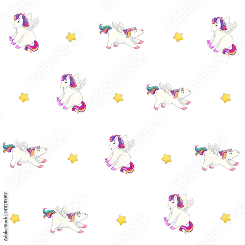Fototapeta Naklejka Na Ścianę i Meble -  Pattern of Pegasus and Golden Stars on white isolated background, vector Pegasus in Cartoon style, isolated Flying Horses and stars, concept of Magical horses and Fairytales, Bedtime and Sleeping.