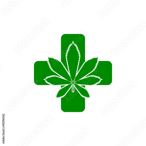 Medical cannabis icon. Marijuana leaf with green cross. Vector illustration.
