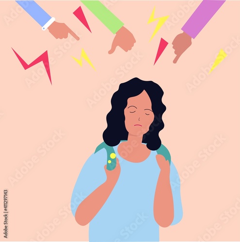 Stop bullying. Depressed girl. Flat vector illustration 