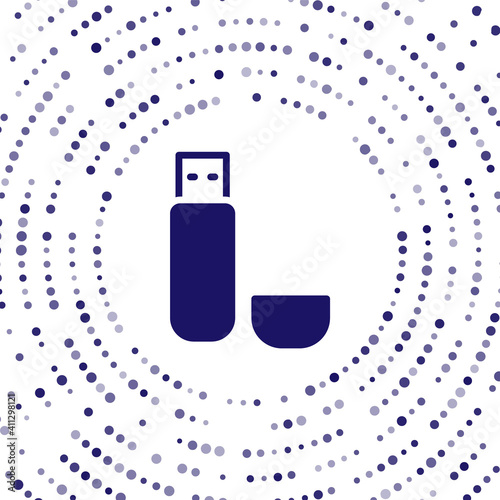 Blue USB flash drive icon isolated on white background. Abstract circle random dots. Vector Illustration.
