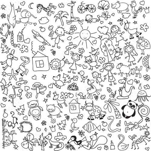 Children's drawings of doodle animals, people, flowers