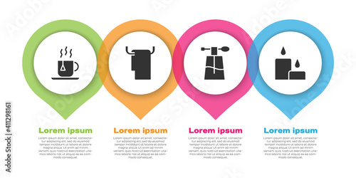 Set Cup of tea with tea bag, Towel on a hanger, Perfume and Burning candle. Business infographic template. Vector.