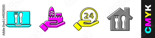 Set Online ordering and delivery, Online ordering and delivery, Clock 24 hours and Online ordering and delivery icon. Vector.