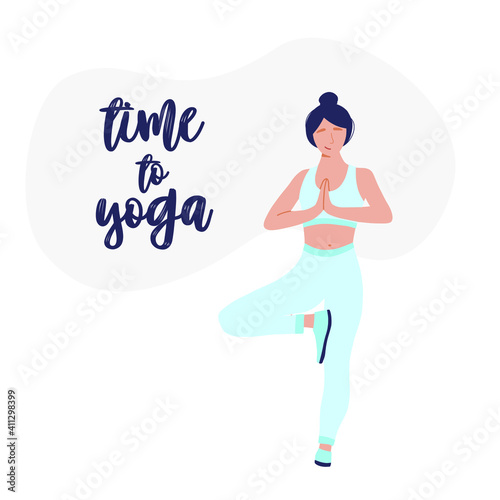 The girl is engaged in yoga. time for yoga. Hand drawing illustration. Flat illustration