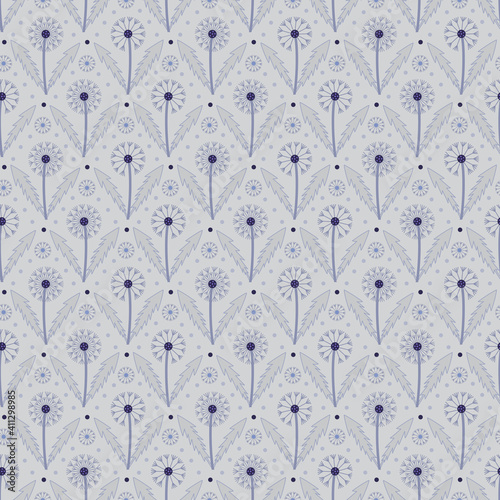 Seamless pattern with dandelions in blue and gray colors