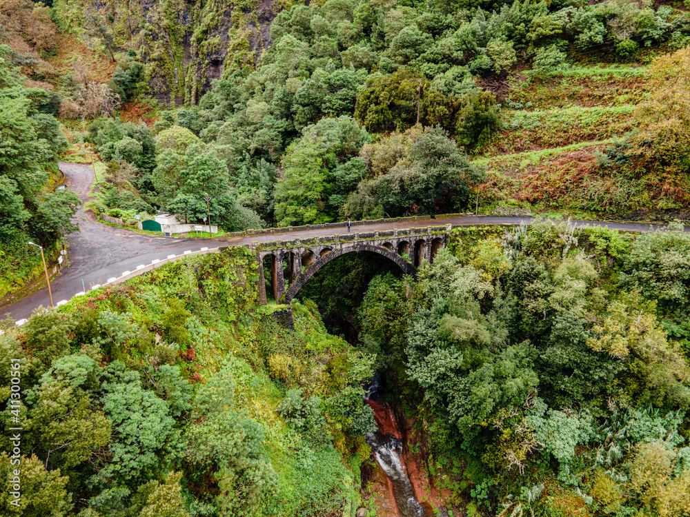 A person standing on a jungle bridge of the Island of Madeira