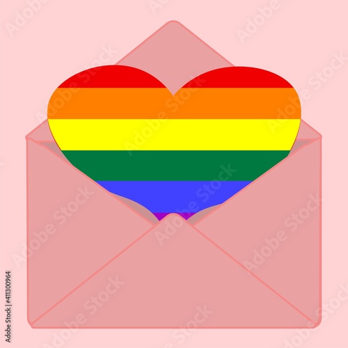 Envelop, mail icon lgbt, rainbow coloured heart, concept. Flat vector illustration 