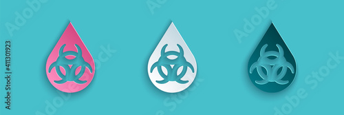 Paper cut GMO icon isolated on blue background. Genetically modified organism acronym. Dna food modification. Paper art style. Vector.