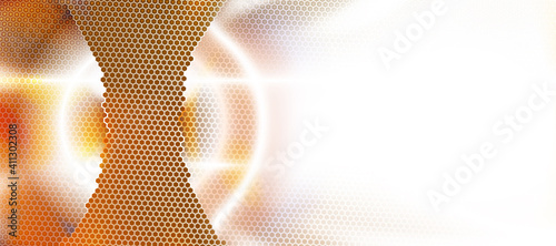 Orange and white abstract background textured by hexagons, unearthly technologies, circle blurred interface with hexs. Perforated cover. Minimal composition with hex shapes. Vector illustration Eps 10