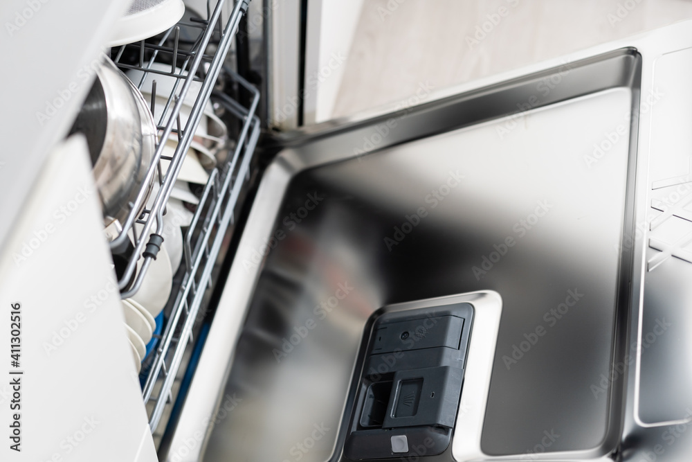 Obraz premium Modern dishwasher open, technology, kitchen.