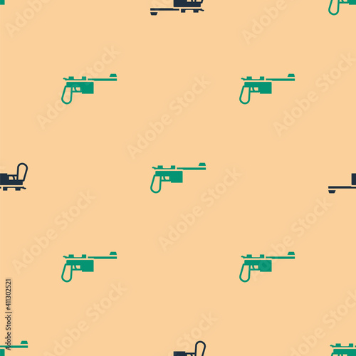 Green and black Mauser gun icon isolated seamless pattern on beige background. Mauser C96 is a semi-automatic pistol. Vector.